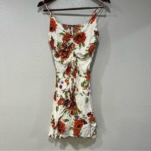 Free People Floral Mini Dress Women’s Size Medium Ruched Ruffled Happy Heart EUC